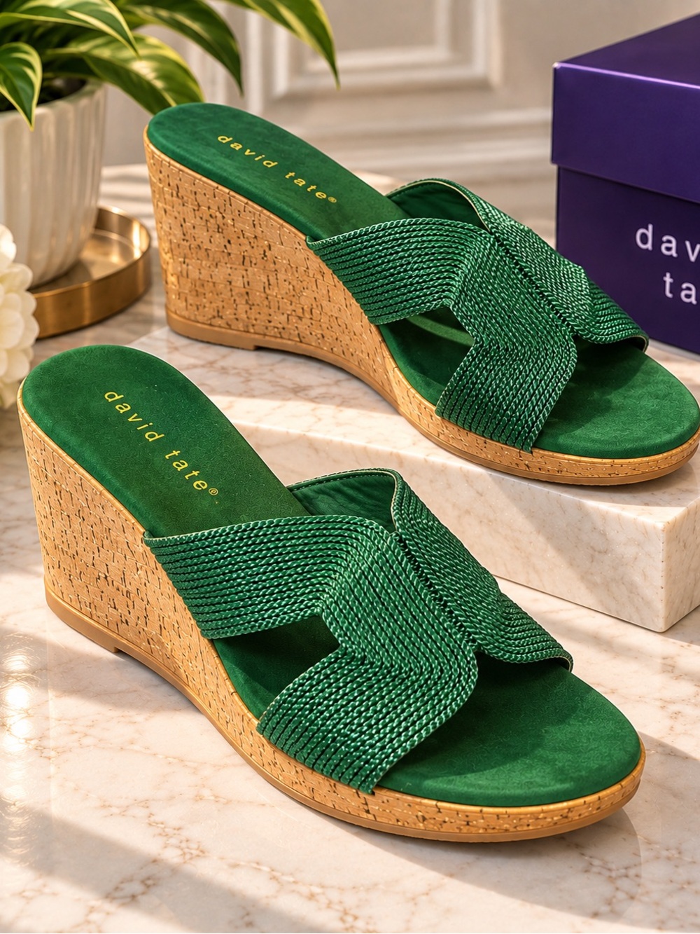 David Tate Women’s Green Wedge Slide Sandals EU 37 US 6.5 Woven Cork Heels